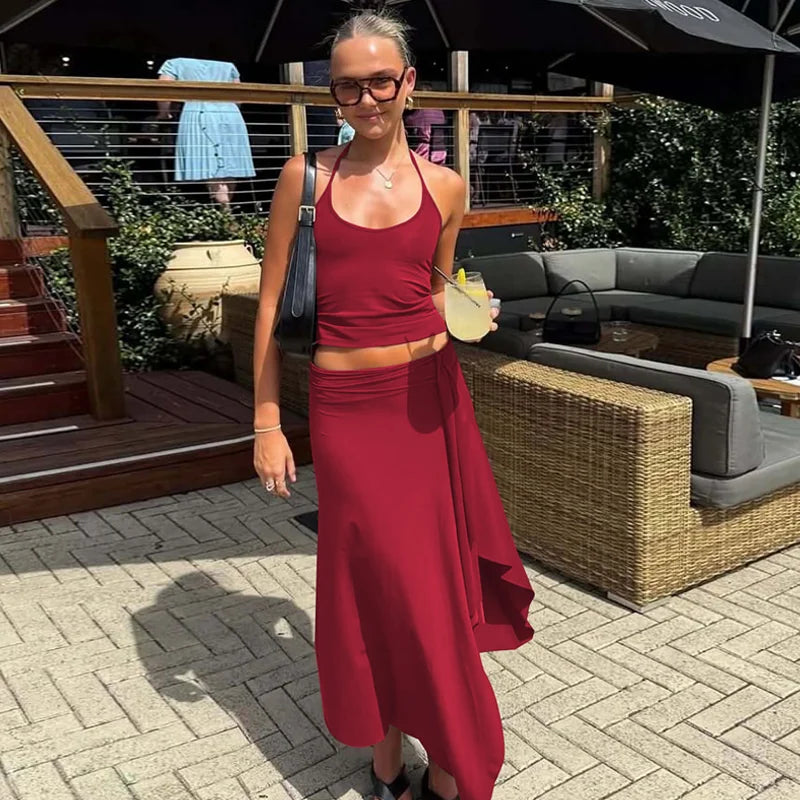 Hugcitar Fashion 2 Pcs Sets Halter Solid Backless Lace Up Sexy Crop Tank Top Ruched Maxi Skirt Women Outfit Beach Vacation Sport