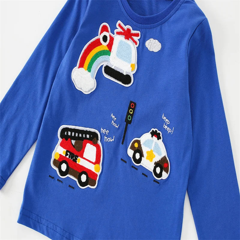 Jumping Meters 2-7T Boys T shirts Cars Embroidery Hot Selling Children's Clothing Long Sleeve Autumn Spring Blouses