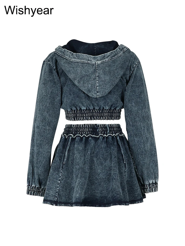  Women’s 2 Piece Denim Mini Skirt Set Long Sleeve Zip-Up Hooded Jacket and High Waist Flare Short Skirt Jean Casual Streetwear