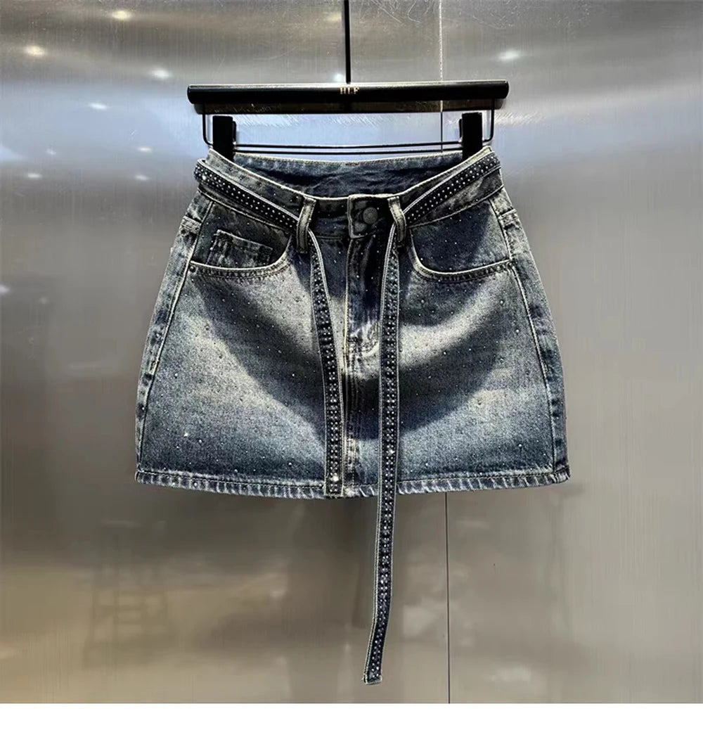 Oversize Retro Diamond Denim Mini Skirt for Women Summer High Waist Shiny Rivet Slim Skirts Gradient Black Grey Jean Skirts