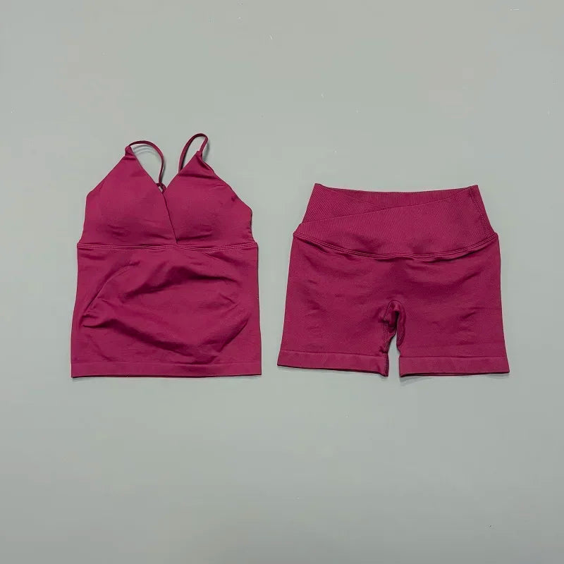 2Pcs Workout Shorts Set Women Cross Waist Scrunch Butt Shorts Tummy Control Racerback Tank Top Running Fitness Two Piece Suit