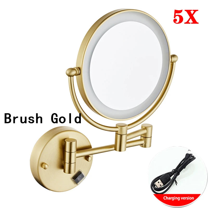 Brushed Gold LED Makeup Mirror with Brass Folding Bathroom Mirrors of 8 Inch 3X 5X Maynifying Makeup Mirror Dual Face LED Mirror