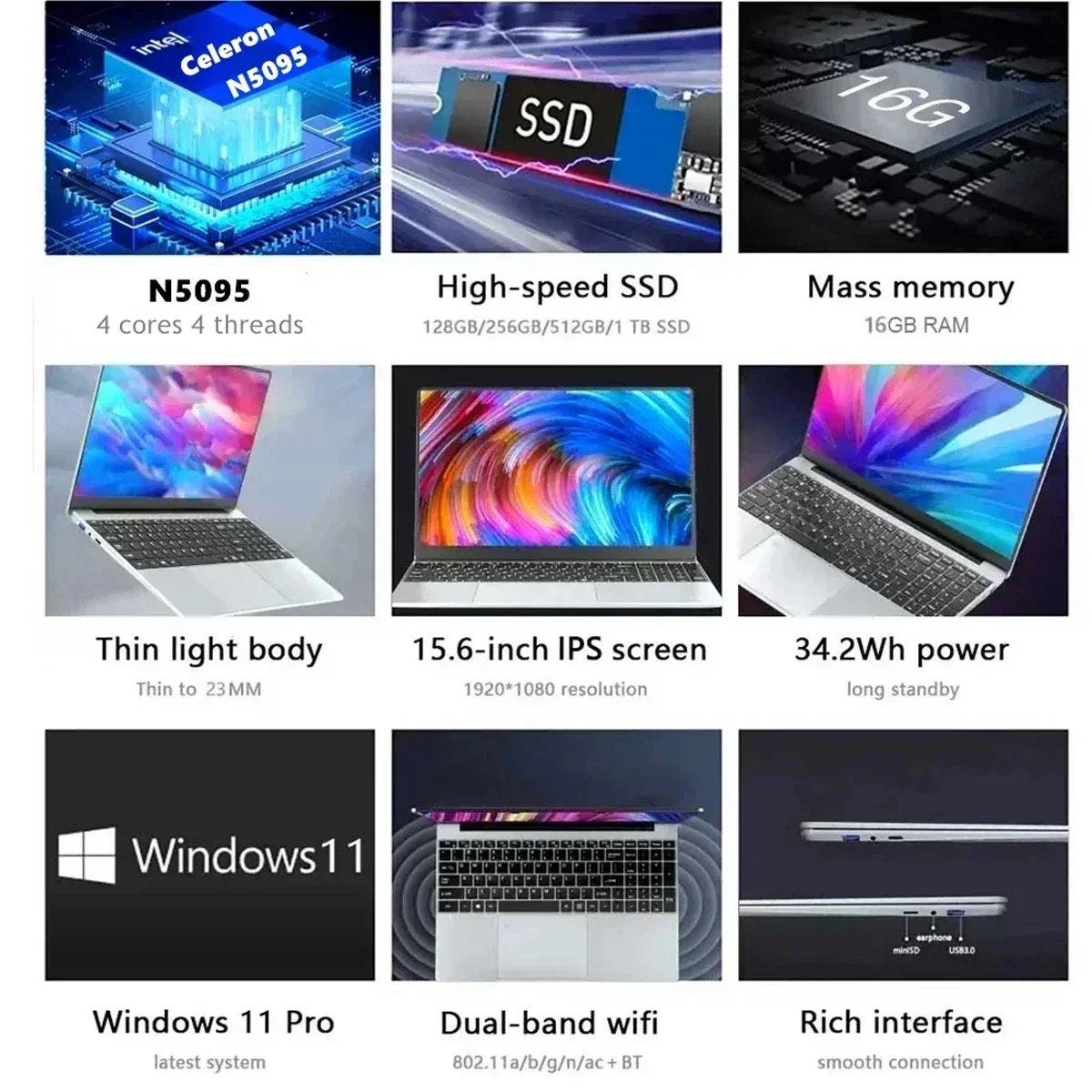 CARBAYTA 15.6" Laptop Computer Intel Celeron N5095 Notebook PC 16 32G Ram 128GB-2TB SSD Office Study PC Windows 11 1080P Laptops