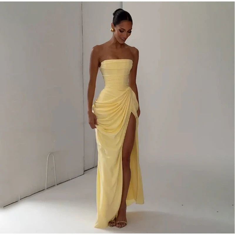 Women Sexy Solid Pleated Strapless Dress Lady Chic Off-shoulder Backless High Waist Split Dresses 2026 Summer Evening Party Gown