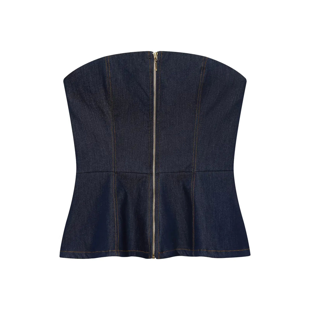 HH Women Summer Sexy Tube Top Zipper Sleeveless Short Top+Mid-Waist High Street Casual Trousers Fashion Denim 2-Piece Set