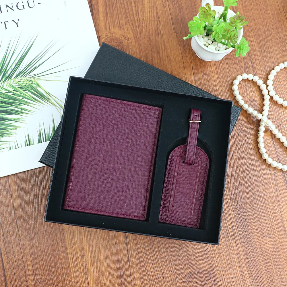 Customized Name Set, Unisex Safiano PU Leather Passport Holder and Luggage Tag Gift Box