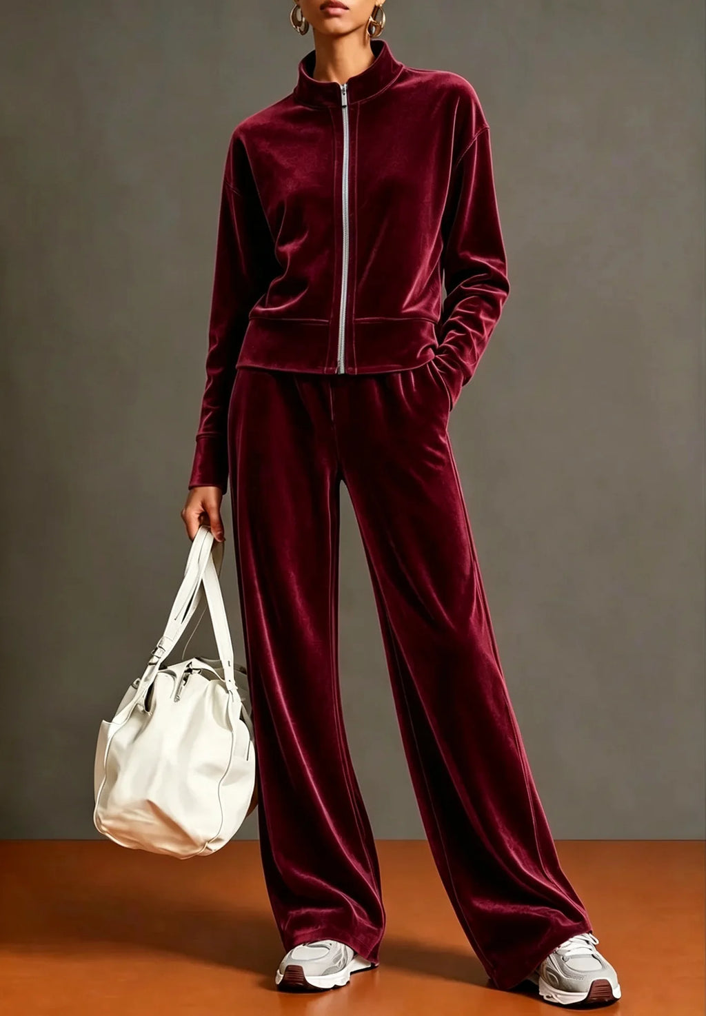 Women Solid Color Velvet 2 Piece Set Stand Collar Full Zip Jacket Wide Leg Pant Casual Sport Matching Outfit Autumn Winter Set