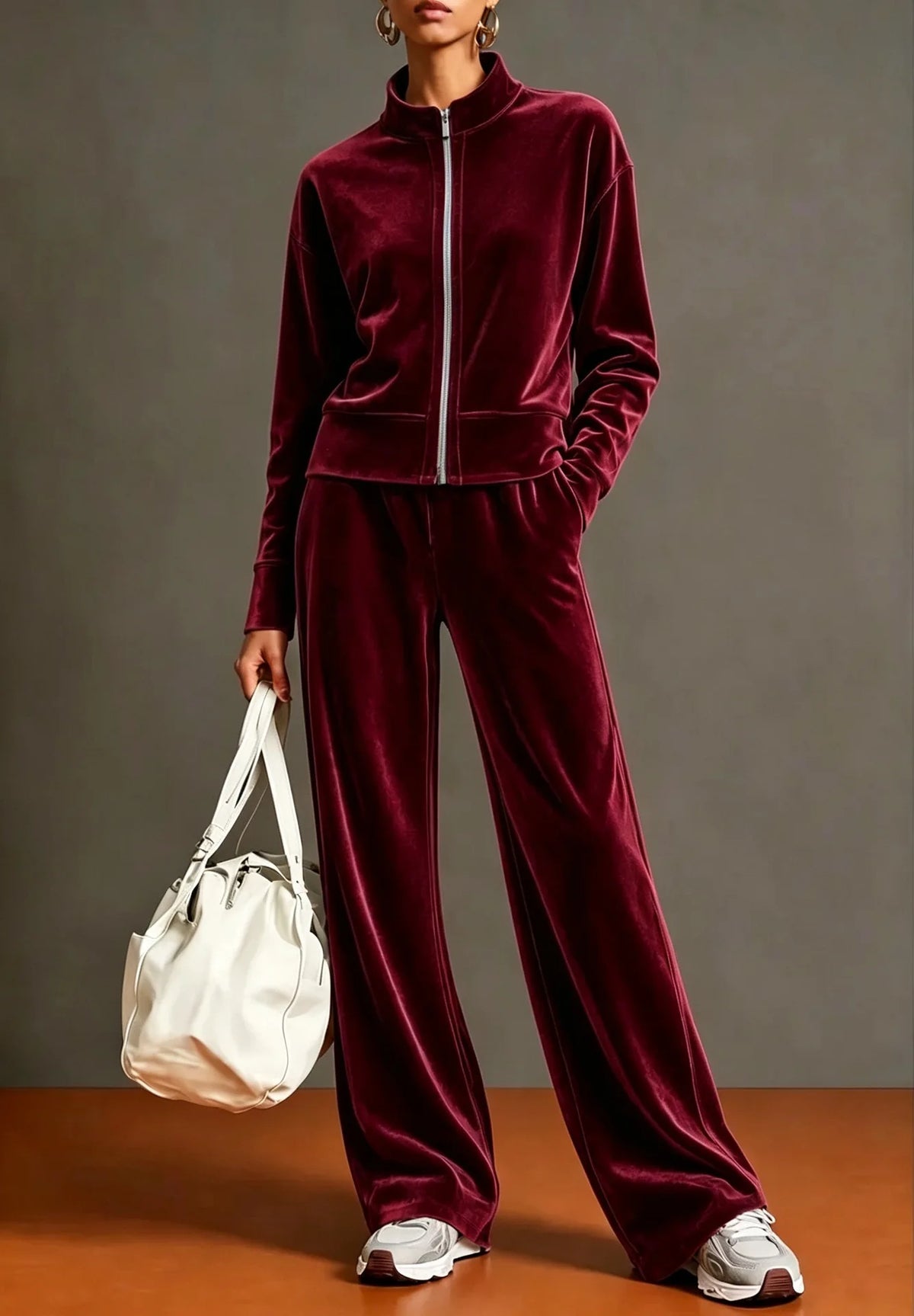 Women Solid Color Velvet 2 Piece Set Stand Collar Full Zip Jacket Wide Leg Pant Casual Sport Matching Outfit Autumn Winter Set