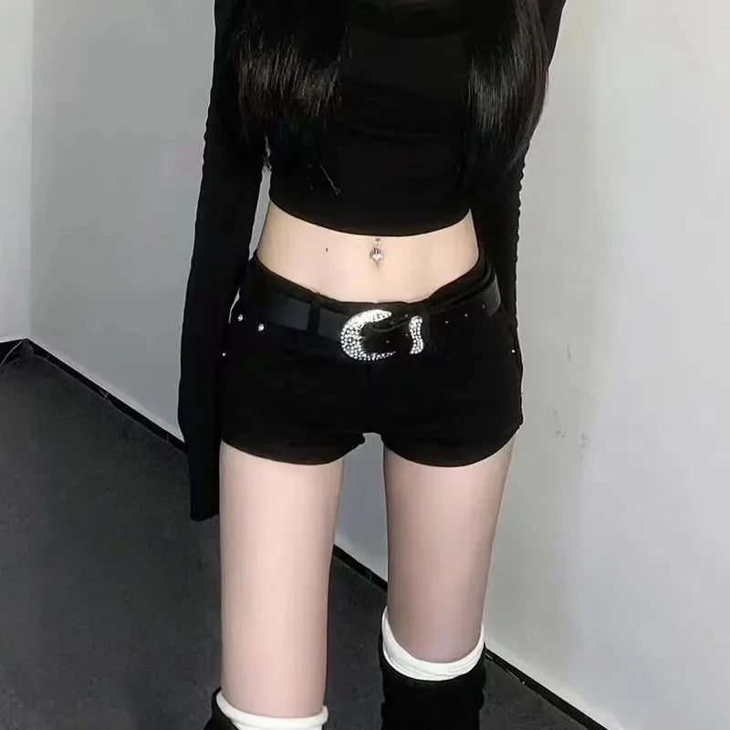Summer Black Hot Shorts for Women Sexy Low Rise Y2K Gothic Tight Denim Short Pants Female Harajuku Streetwear Grunge Mini Shorts