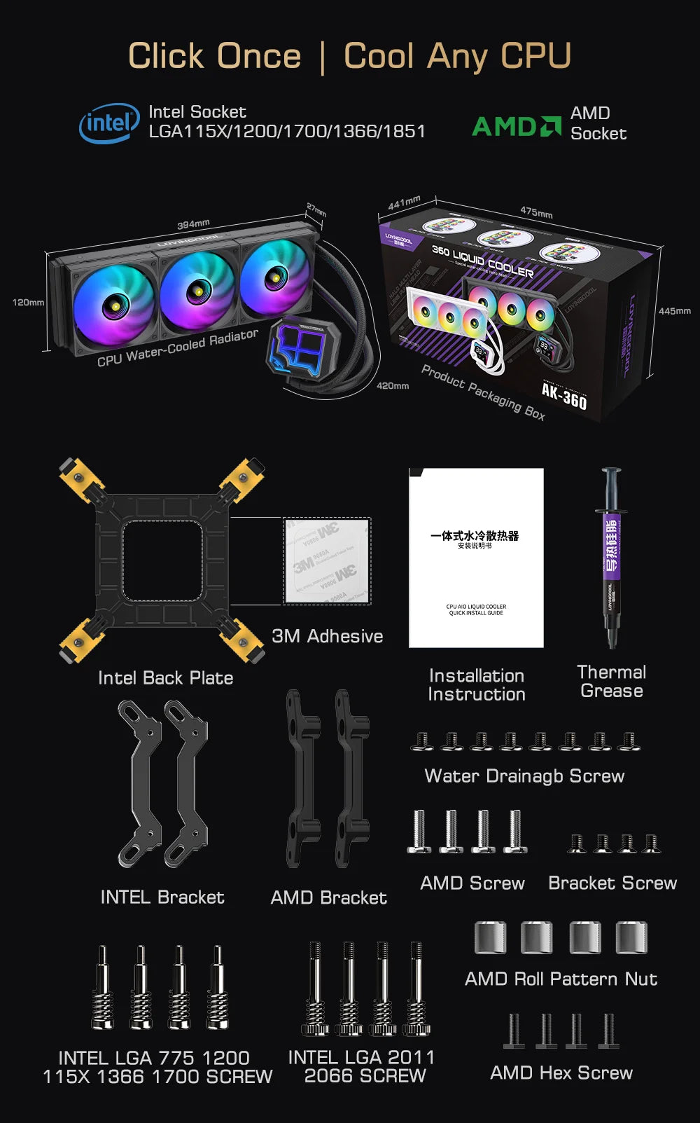 LOVINGCOOL AK liquid cooler 240mm 360mm broken code screen dynamic digital display ARGB PWM Abyss Mirror integrated water cooled