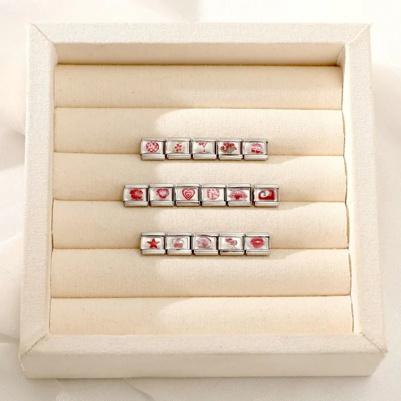 Fashion Red Series Heart Flower Bowknot Cherry Women Men Charm Link fit 9mm Stainless Steel Italian Bracelet Making DIY Jewelry
