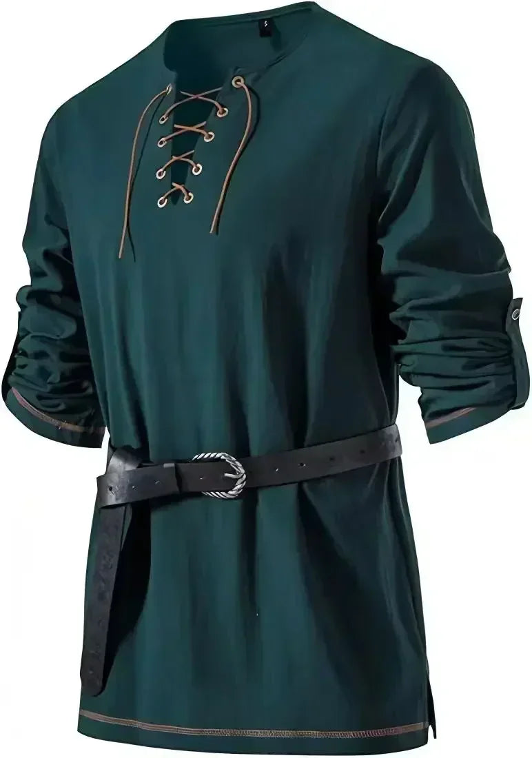 Men Medieval Lace Up Linen Long Sleeve Tunic Viking Pirate Renaissance Cosplay Shirt With Vintage Embossed Leather Belt