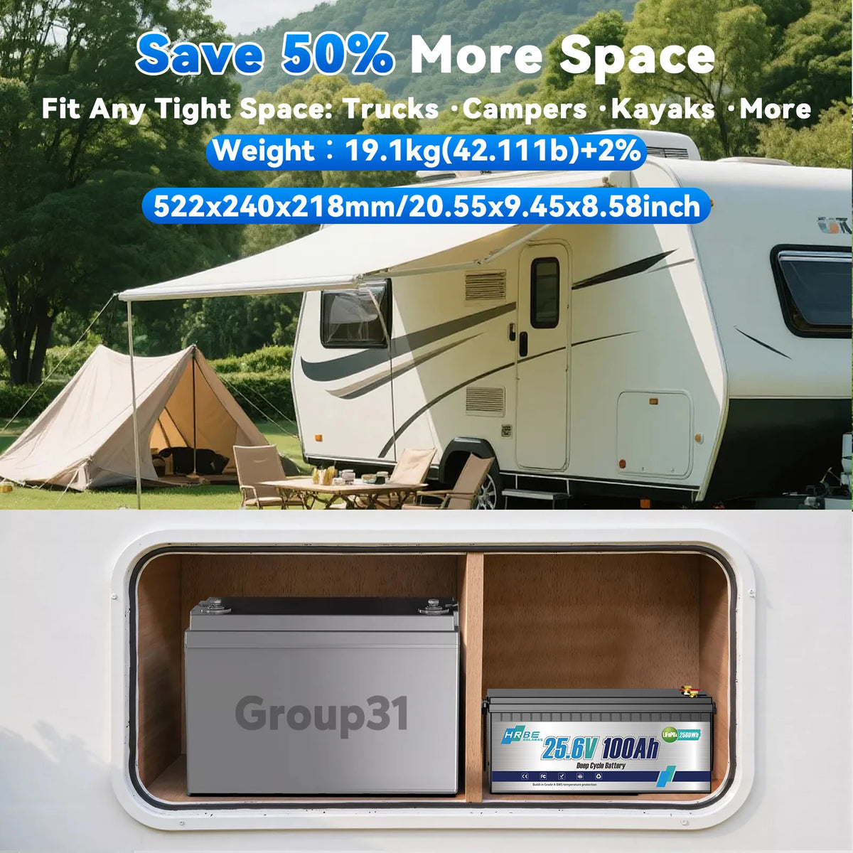 HRBE 24V 100Ah LiFePO4 Battery Bluetooth With BMS 8000+Deep Cycles For Camper RV Home Energy Solar Trolling Motor 24V Lithium Battery