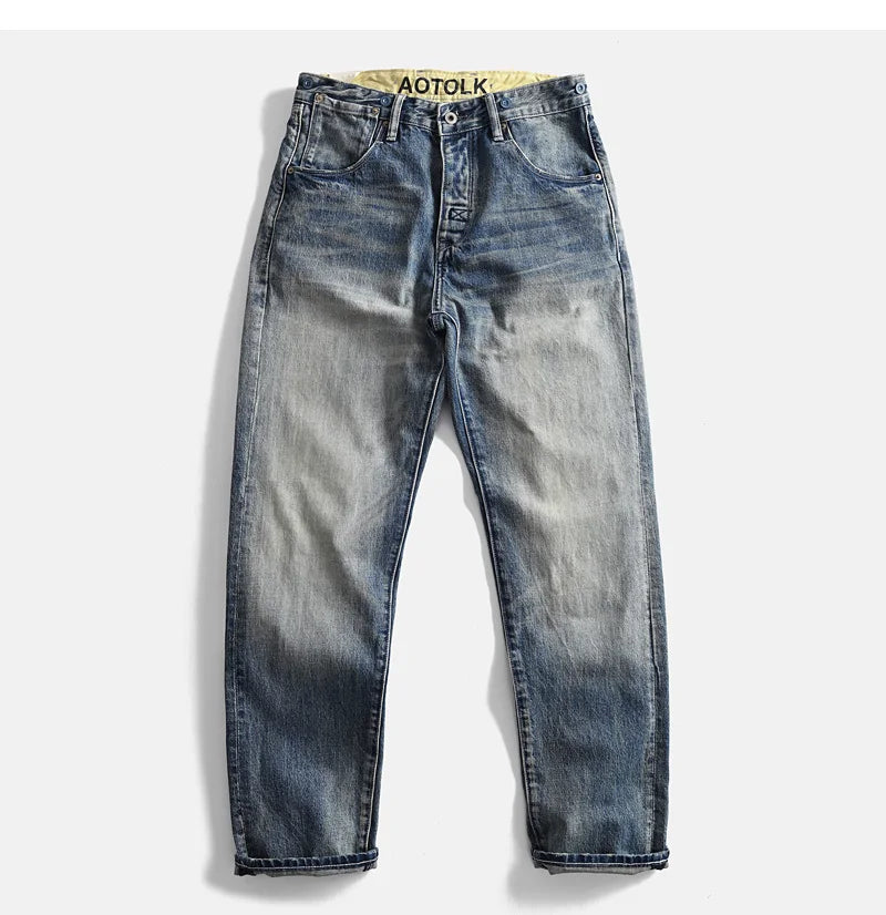Heavyweight 100% Cotton Relaxed Straight Denim Jeans Vintage Washed & Distressed American Casual Pants for Men Amekaji Retro