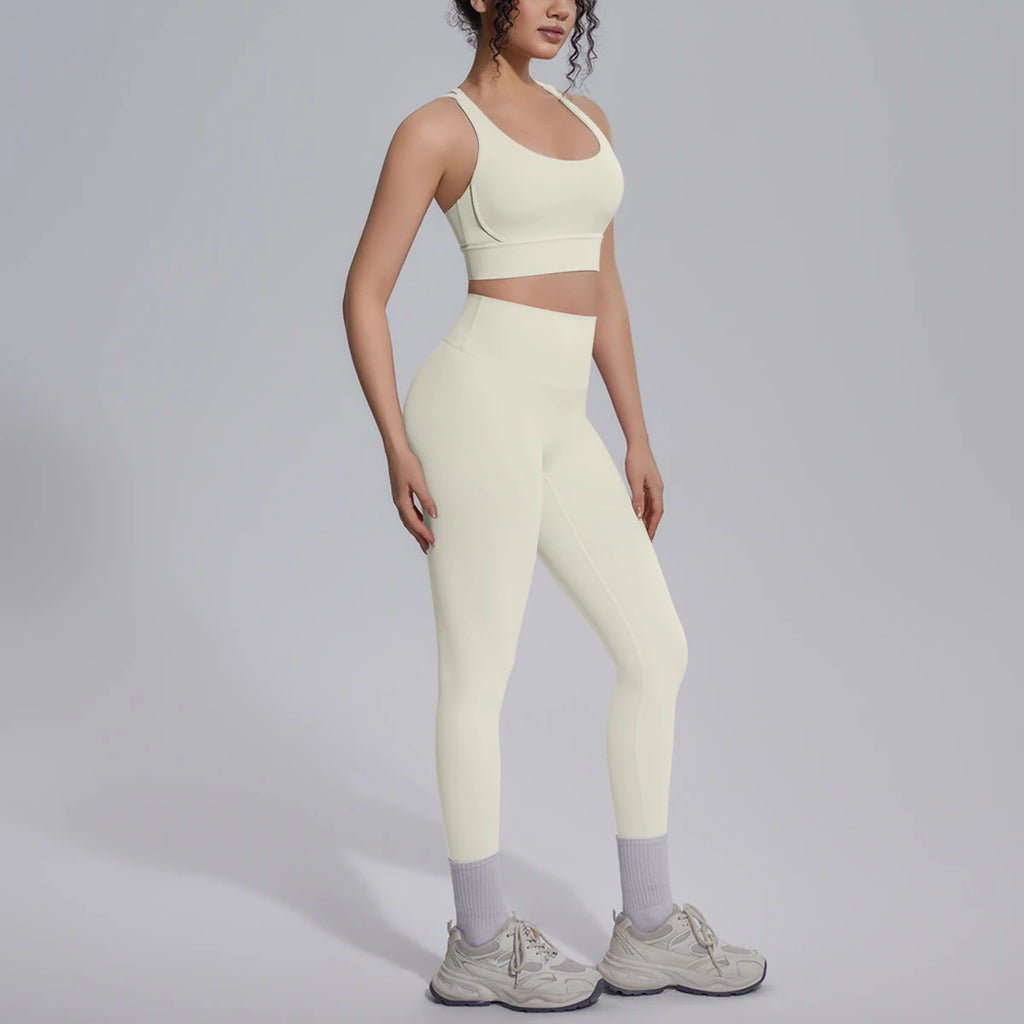 2PCS Yoga Set Summer Gym Sports Running Yoga Clothing Solid Color Cross Bra Workout Top High Waisted Quick Drying Fitness Pants