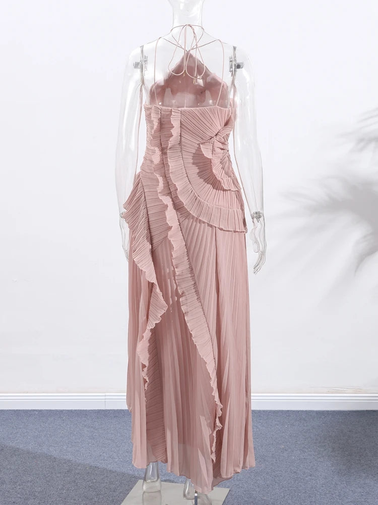 Bohemian Blue Pleated Halter Maxi Dress Women Gentle Sleeveless Asymmetric Ruffles Vestido Romantic Dinner Date Night Gowns 2026