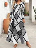 Women's Long - Sleeve V - Neck Maxi Dress, Black and White Geometric & Dot Print, Casual Bohemian & Beach Wear