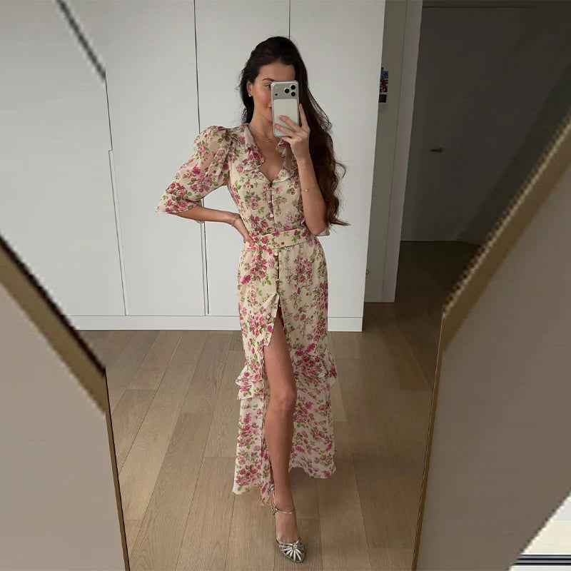 Sexy Print Women Long Dress Urban V-neck Single Breasted Ruffles Half Sleeve Female Dresses 2026 Spring Autumn Lady Robe
