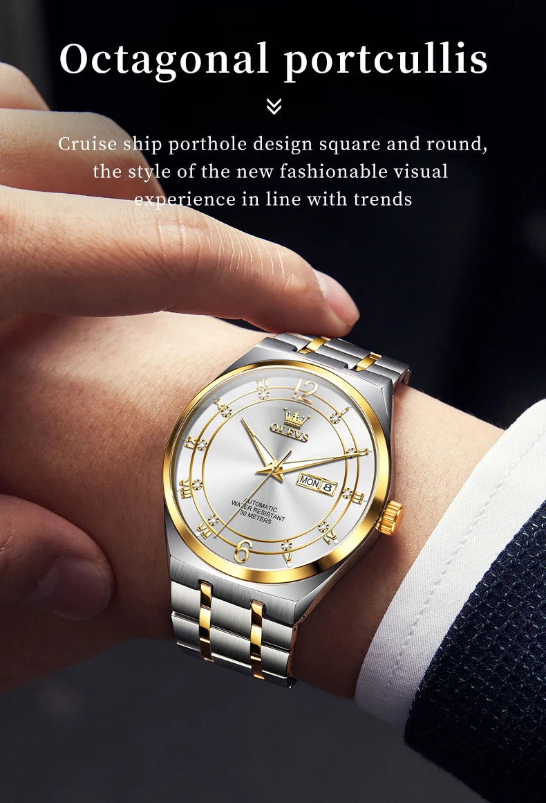 OLEVS 7068 Mens Watch Original Automatic Menchanical Wristwatch Waterproof Luminous For Men Sport Date Dual Calendar Design