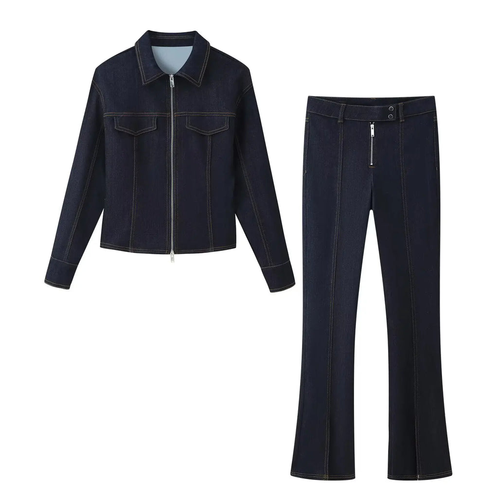 HH Women's Fashion Vintage Denim Suit Slim Lapel Long Sleeve Zipper Denim Cardigan Jacket+Mid-Rise Slim Zipper Long Jeans Mujer