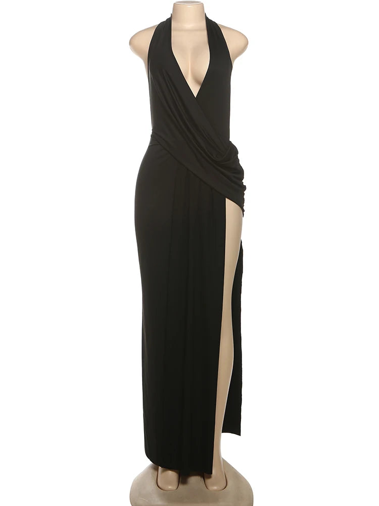 Cutenew Party Simple Women Maxi Dresses Solid Trend Halter Cross Swinging Neck Backless V-neck High Split Bodycon Mujer Vestidos