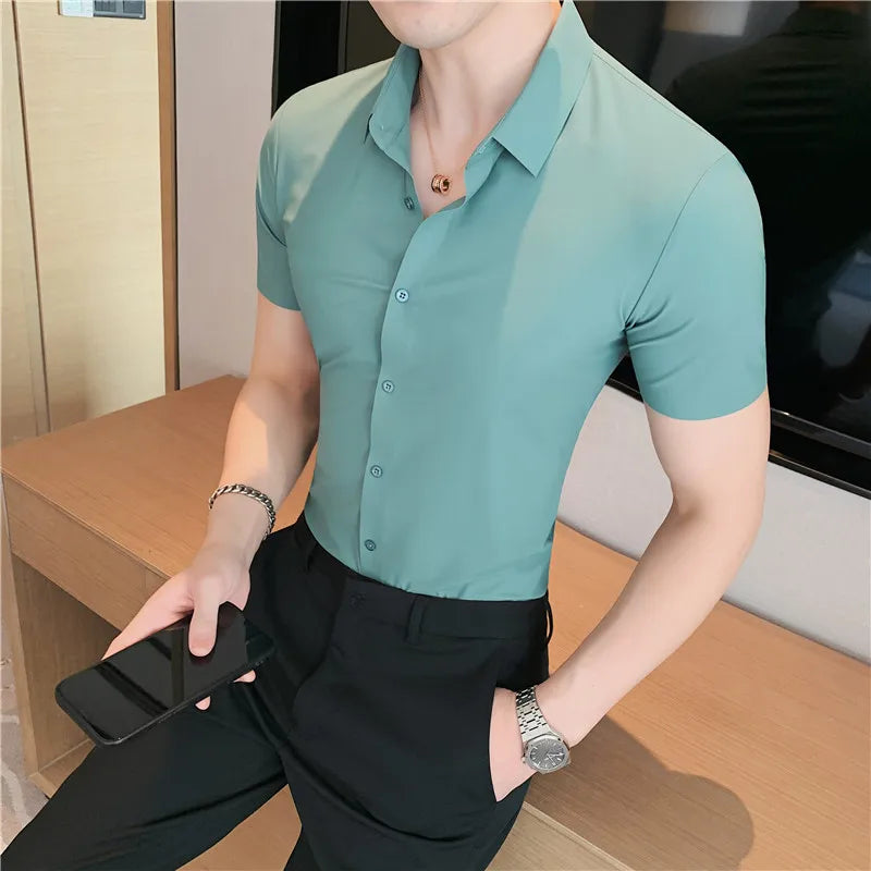 Men's Ultra Stretch Seamless Long Sleeve Shirt Top Quality Business Casual Breathable Stretchable Solid Color Formal Dress Shirt