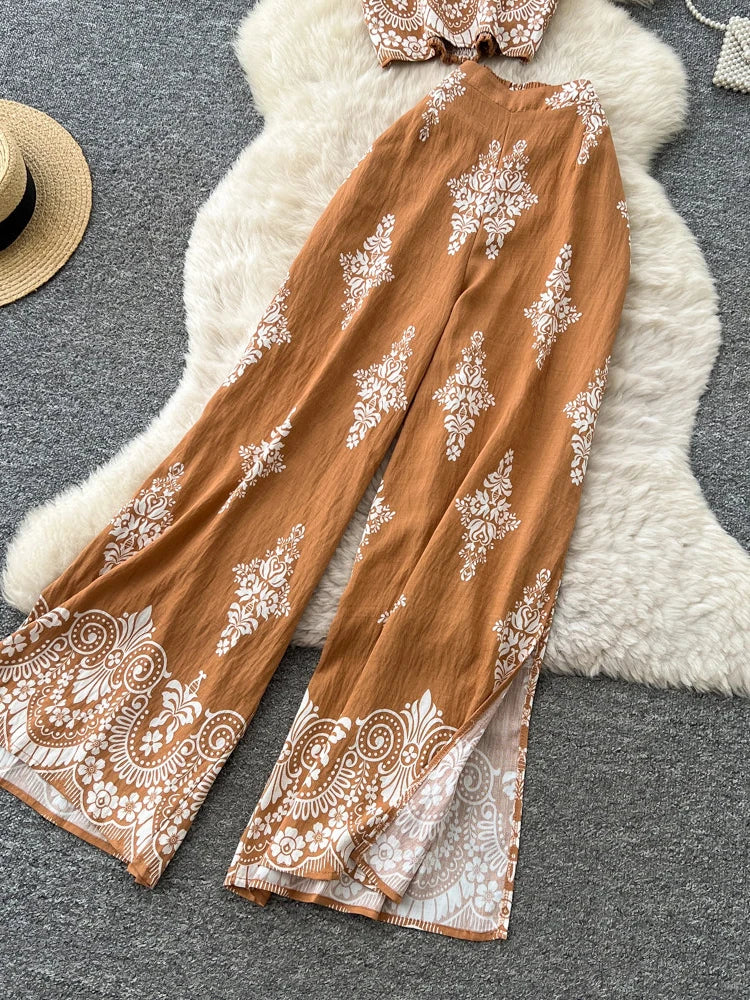 Women's Summer Two Pieces Bohemian Vacation Printed Halter Neck Sleeveless Top High Waist Wide Leg Pants Two-piece Set TP044
