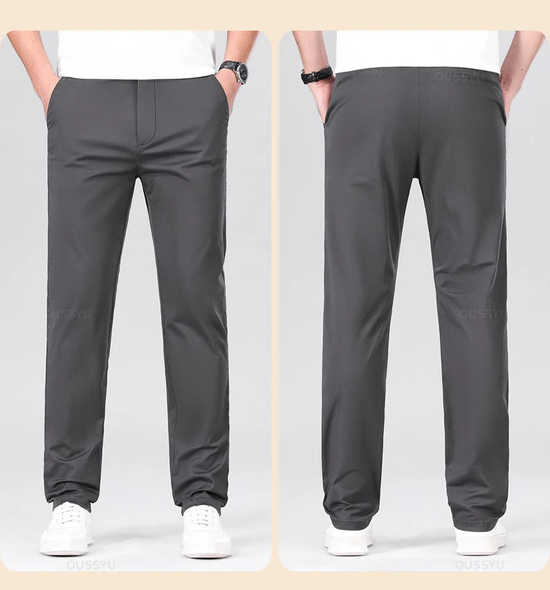 High Quality 97% Cotton Men's Straight Pants Business Solid Color Khaki Light gray Casual Formal Suit Trousers Plus Size 40 42