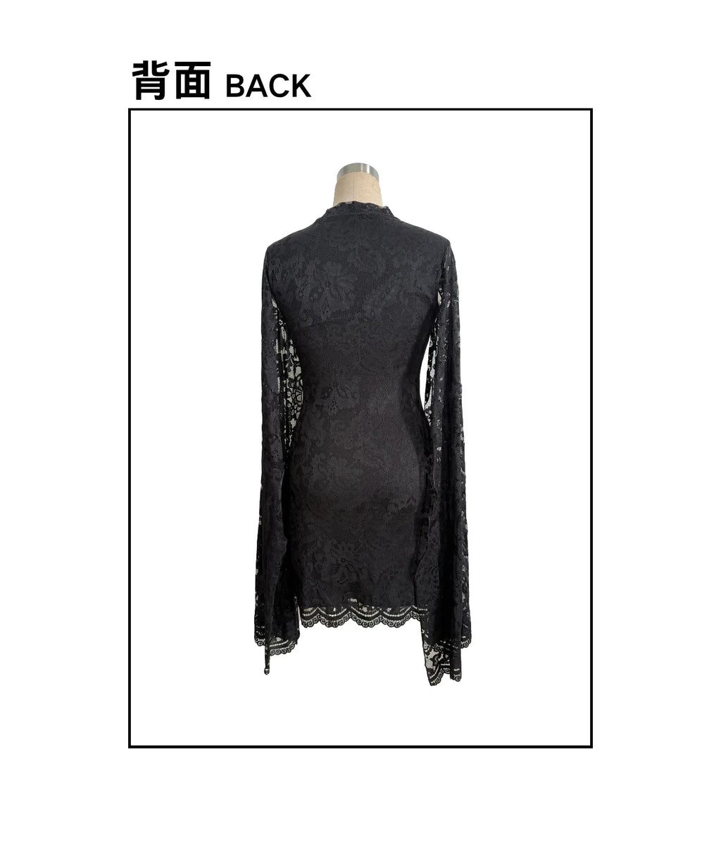 2025 New Women Mini Dress Fashion Lace Stand Collar Long Sleeves With Slits Bodycon Dress Sexy Nightclub Party Prom Slimmin Gown