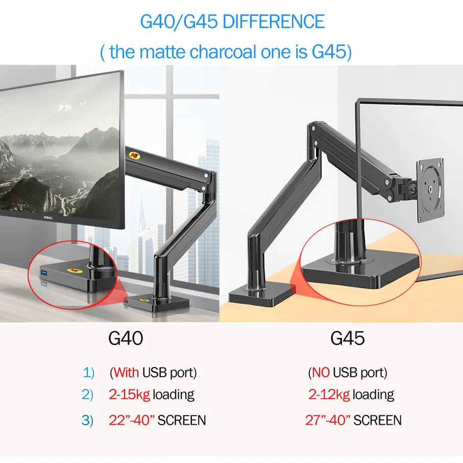 NB G40 G42 G45 Gas Spring Arm 22'-40' Screen Desktop Monitor Holder 360 Rotate 3-15kg 3-12KG Arc Screen/Ultra Wide Flat Screen