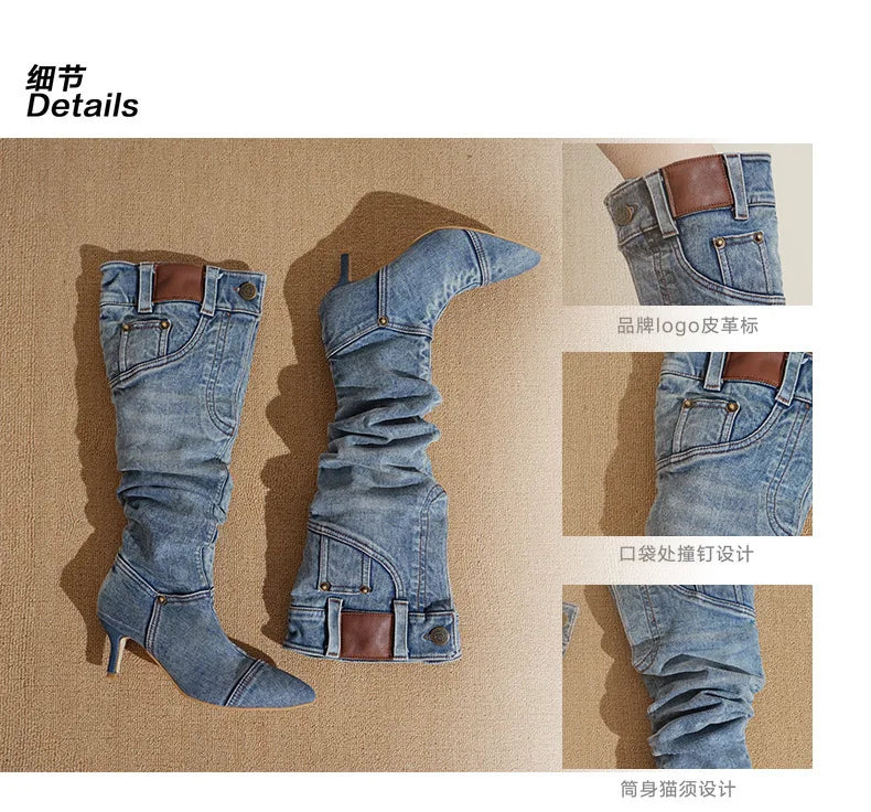 Denim Long Boots Women Knee Boots New 2025 Autumn Winter High Heels Retro Western Hot Girl Cowboy Boots Lady Modern Boot Botas