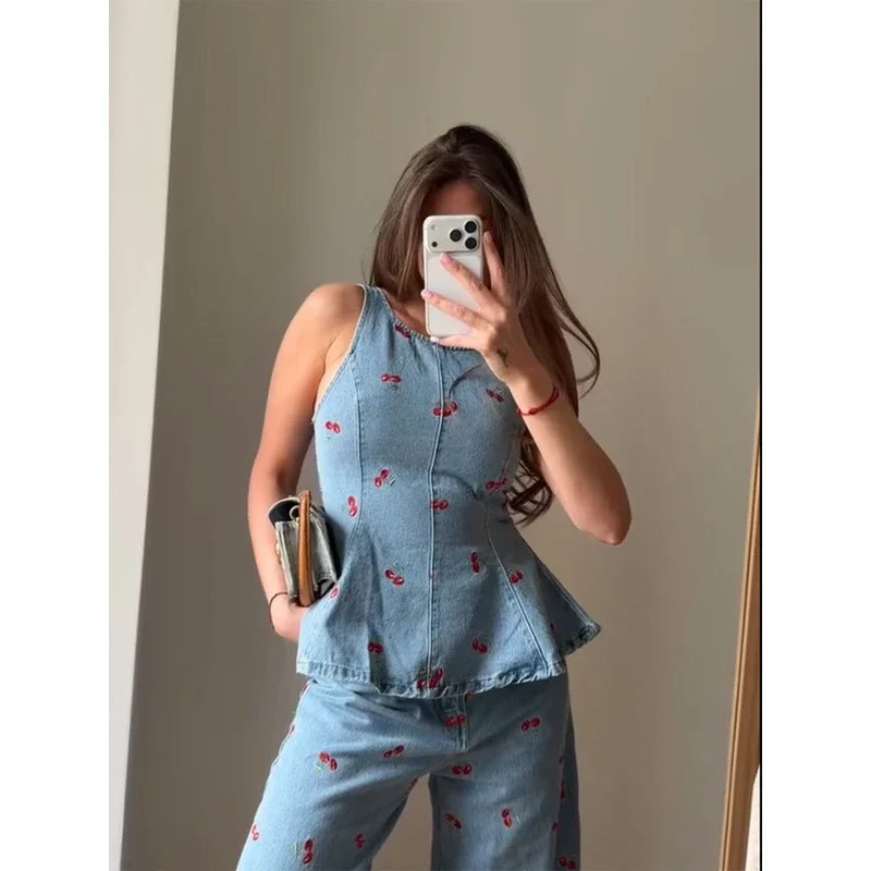 Denim Printed Pants 2 Piece Set Women Elegant Round Neck Sleeveless Vests Slim Long Pant Suits 2026 Lady Daily Street Outfit New