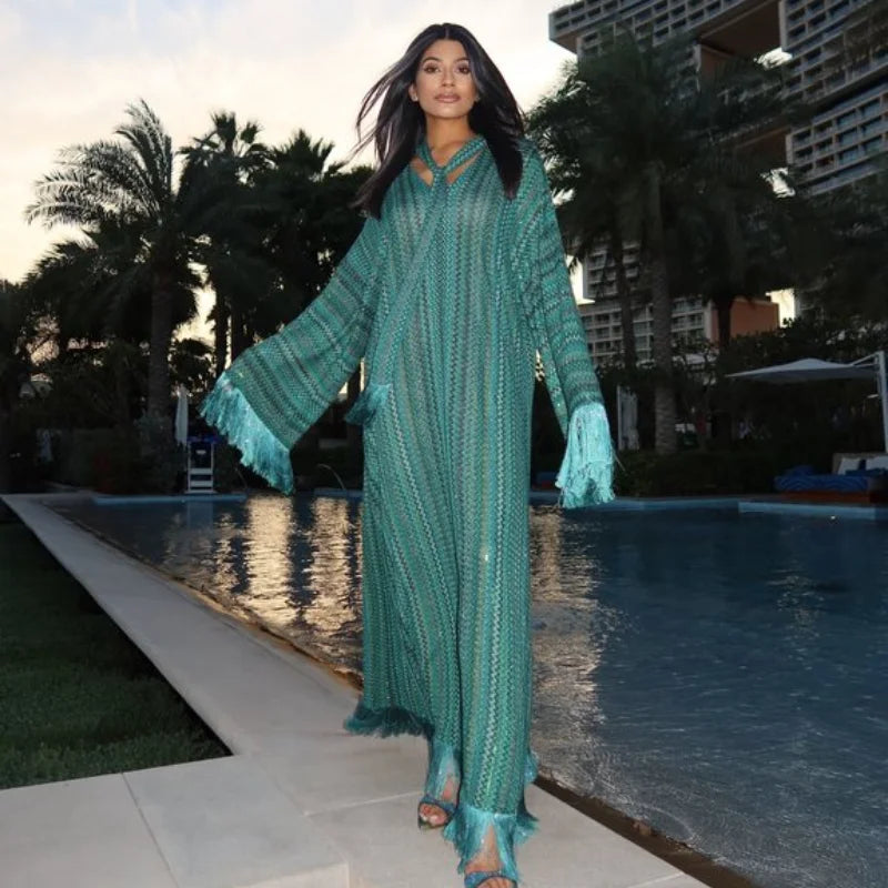 Elegant Tassel Hem Long Dress Women Loose V-neck Full Sleeve Scarf Dresses 2025 Autumn Party Evening Dresses Luxurious Lady Robe