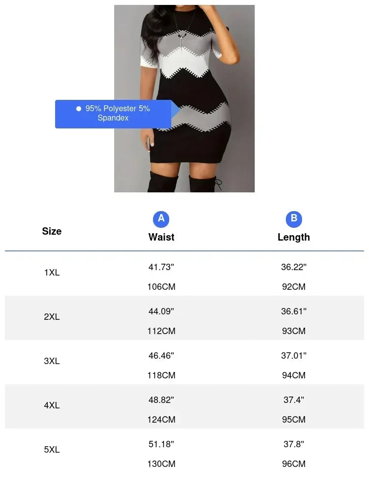 Plus Size Women Geometric Chevron Print Mini Dress, Short Sleeve Round Neck Bodycon Slim Party Dress
