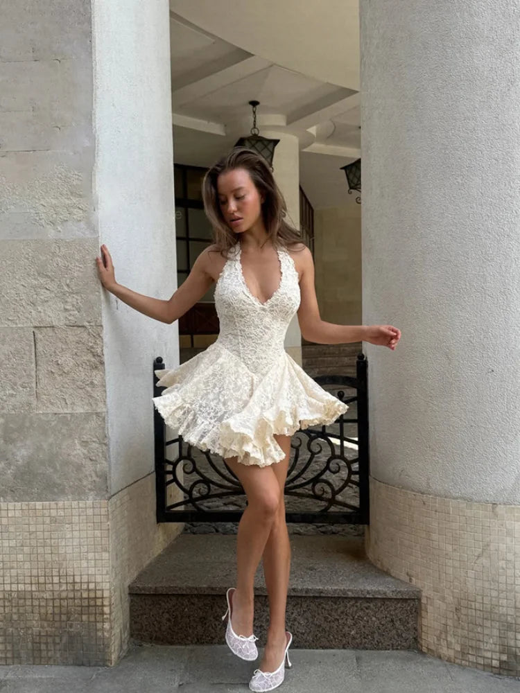 Ivory White Halter‑Neck Lace Mini Dress Women Deep V‑Neck Backless Fitted Waist Flared Hem Vestido Birthday Date Holiday Gown