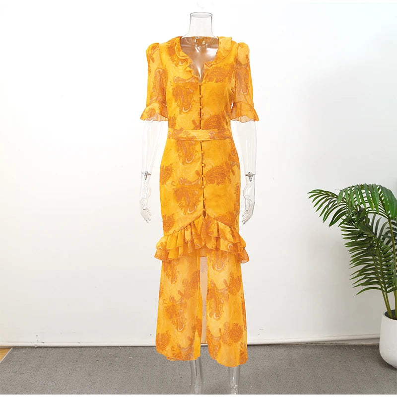 Organza Floral Printed Maxi Dress V-neck Puff Sleeve 2026 Spring/summer Romantic Women Party Gown Fashion Elegant Lady Vestido