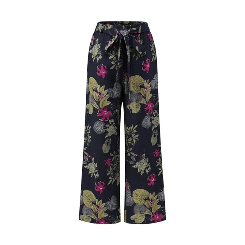 High Waist Drawstring Straight Women Pants 2024 Spring Fashion Loose Trousers Vintage Printed Casual Ladies Wide-Leg Long Pant