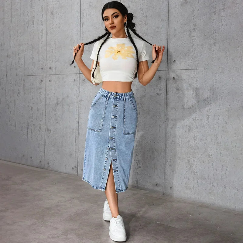 Women High Waist Stretchy Denim Pencil Skirt Midi Length Knee-Length Slit Bodycon Flattering Casual Daily Streetwear