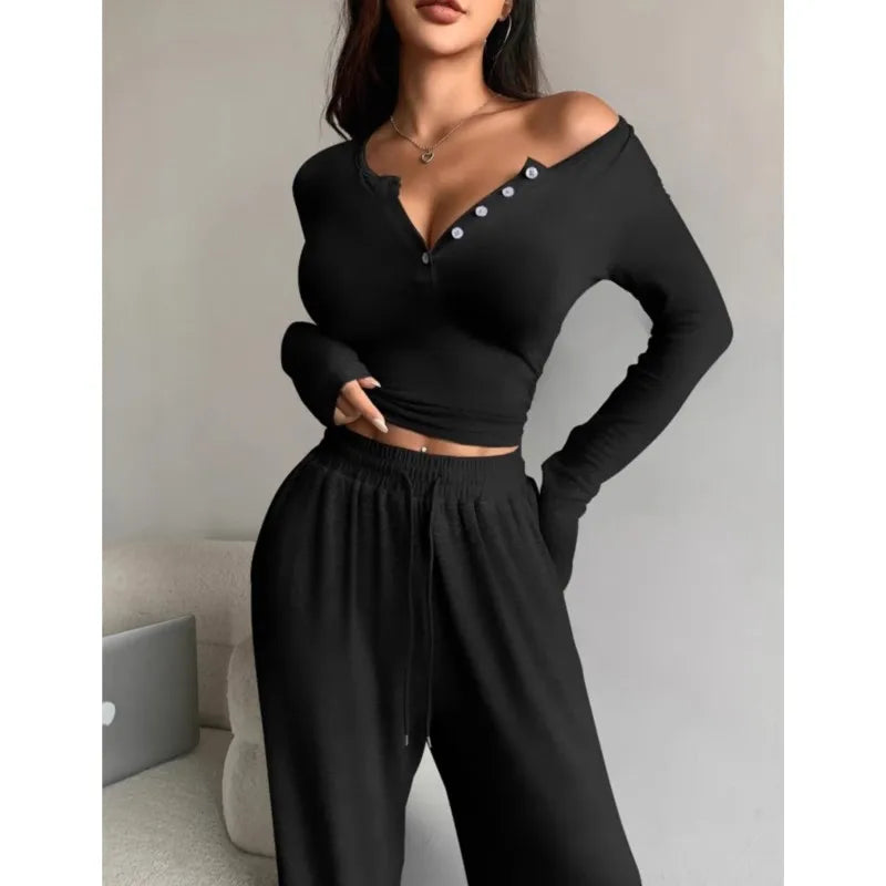 Spring Autumn Women Two-piece Suit Casual Slim Long Sleeve Tracksuit Suit Button Solid Tights And Trousers 2-piece Set Clothing