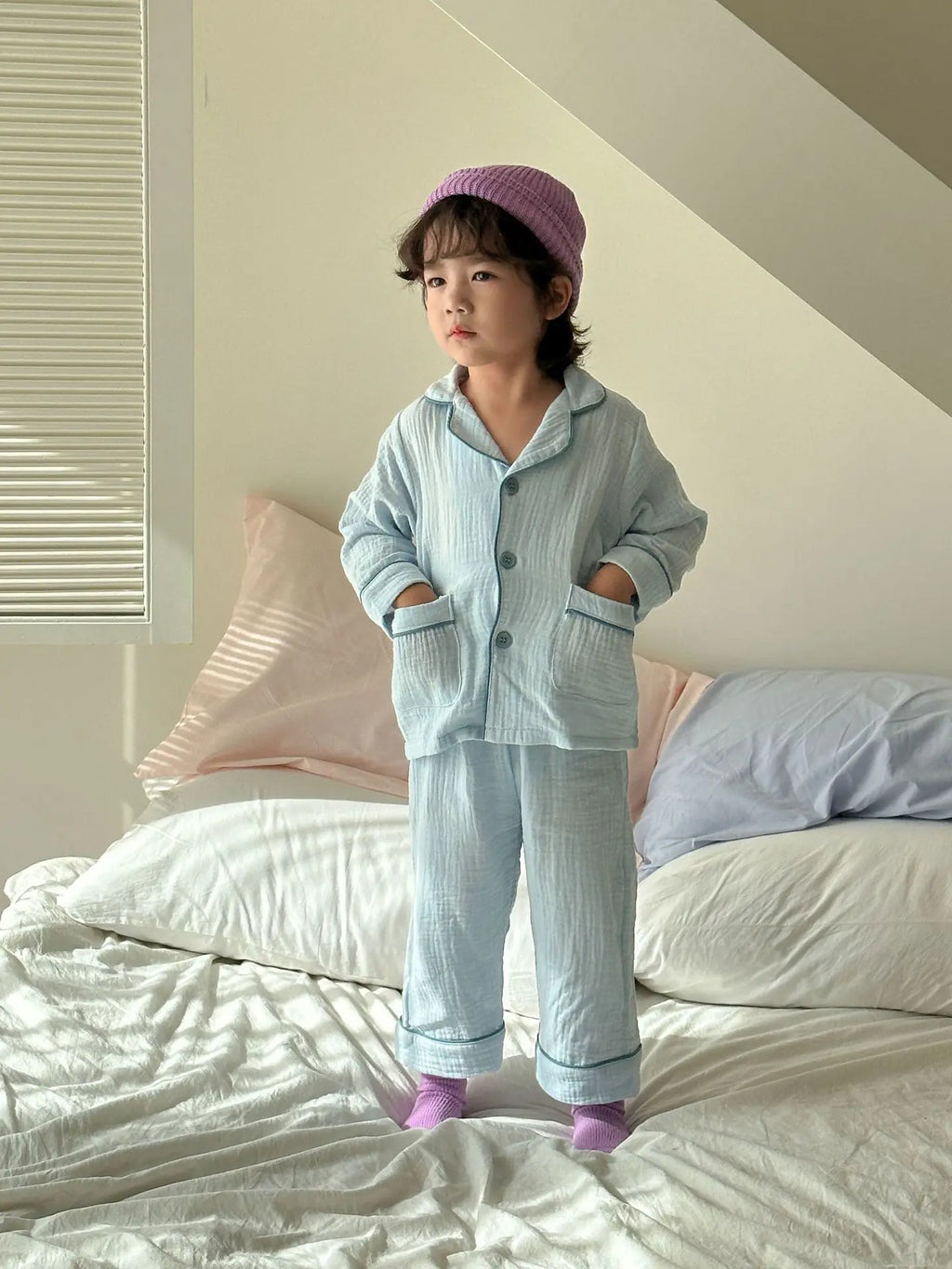 2026 New Children's Cotton Pajamas Set Soft Loose Boys Girls Clothing Turn-down Collar Button Shirt Trousers 2 Pcs Suit Pijamas
