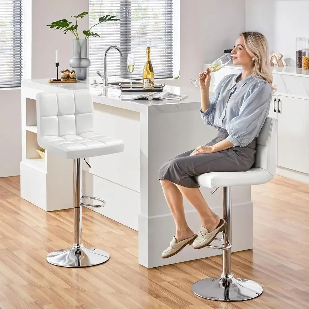 Set of 3 Adjustable Swivel Bar Stools, PU Leather, White, with Backrest and Footrest, Ideal for Kitchen, Dining, and Bar Areas