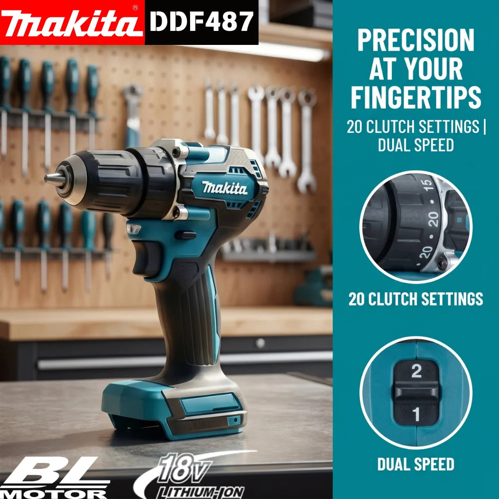 Makita Original DDF487 18V LXT Brushless Drill Driver, Multifunctional Rechargeable Screwdriver for Wood Metal Drilling Tasks