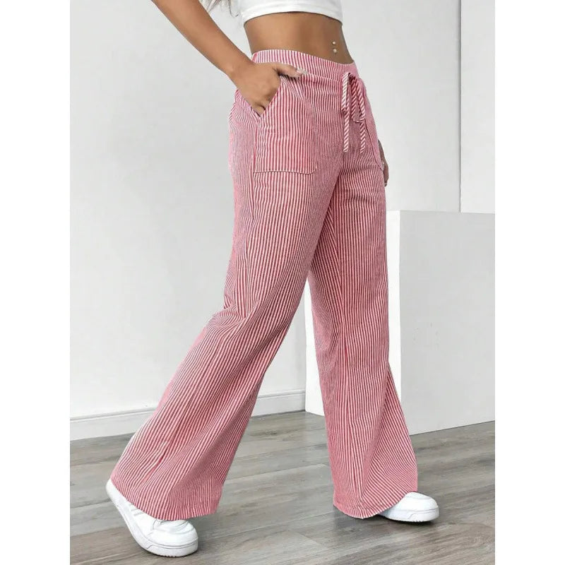Ladies' Striped Elastic Waist Straight Leg Trousers With Pockets Summer Casual Long Pants Soft Breathable Wide Leg Trousers