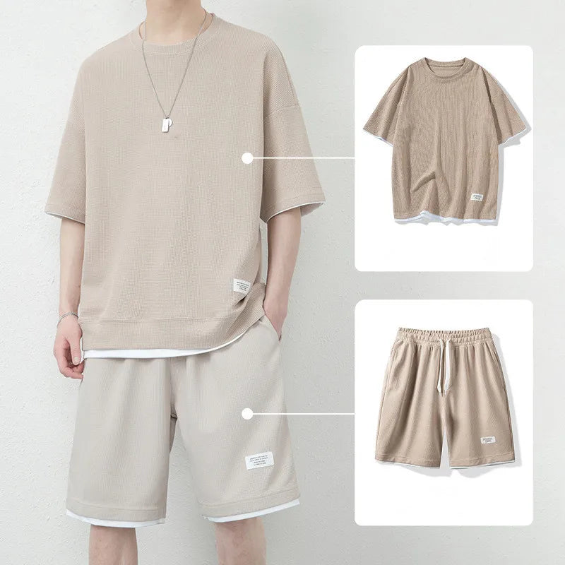 Summer Solid Waffle Tracksuits 2026 Men's Short Sleeve Shorts Casual Two Piece Sets Loose Breathable Men Clothes Joggers Outfits