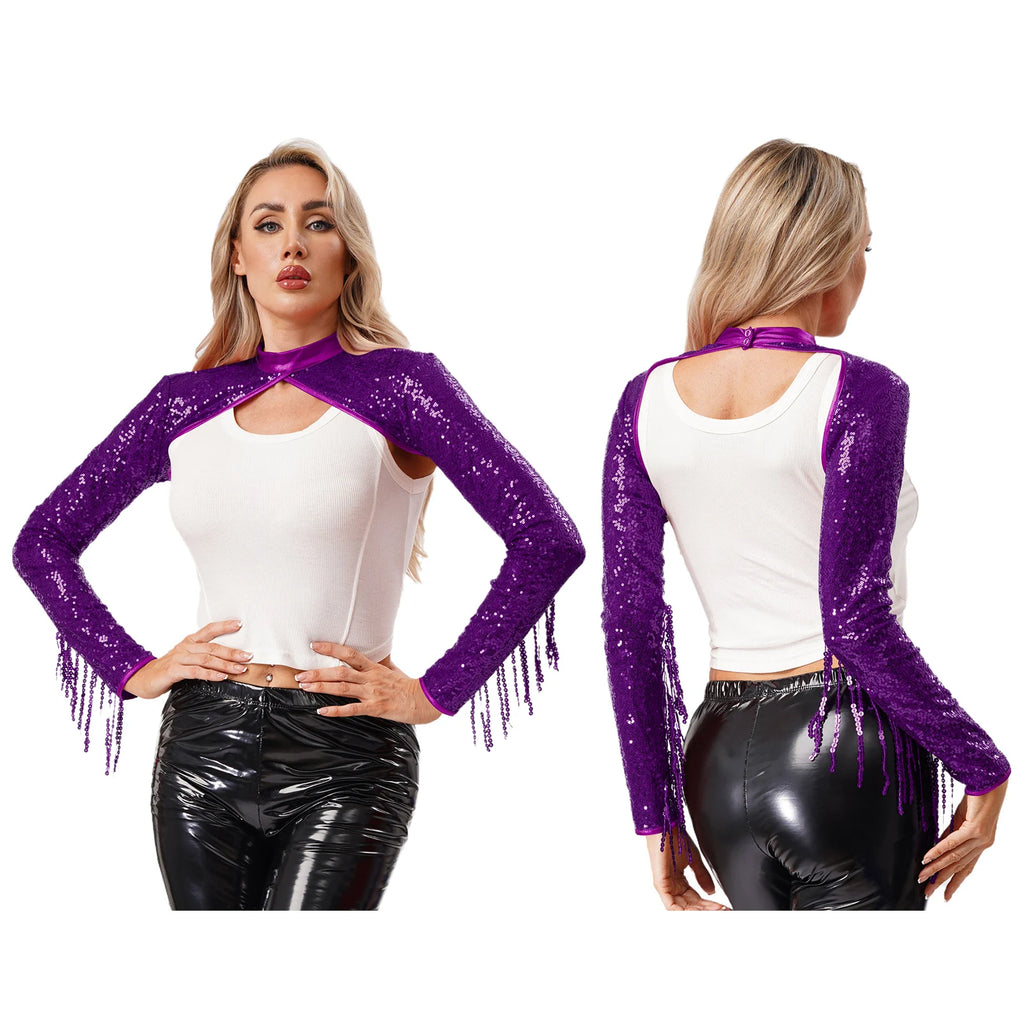 Womens Glitter Sequin Fringe Bolero Long Sleeve with Tassel Allover Sequin Shrugs Shawls Cropped Cardigan for Music Raves Party