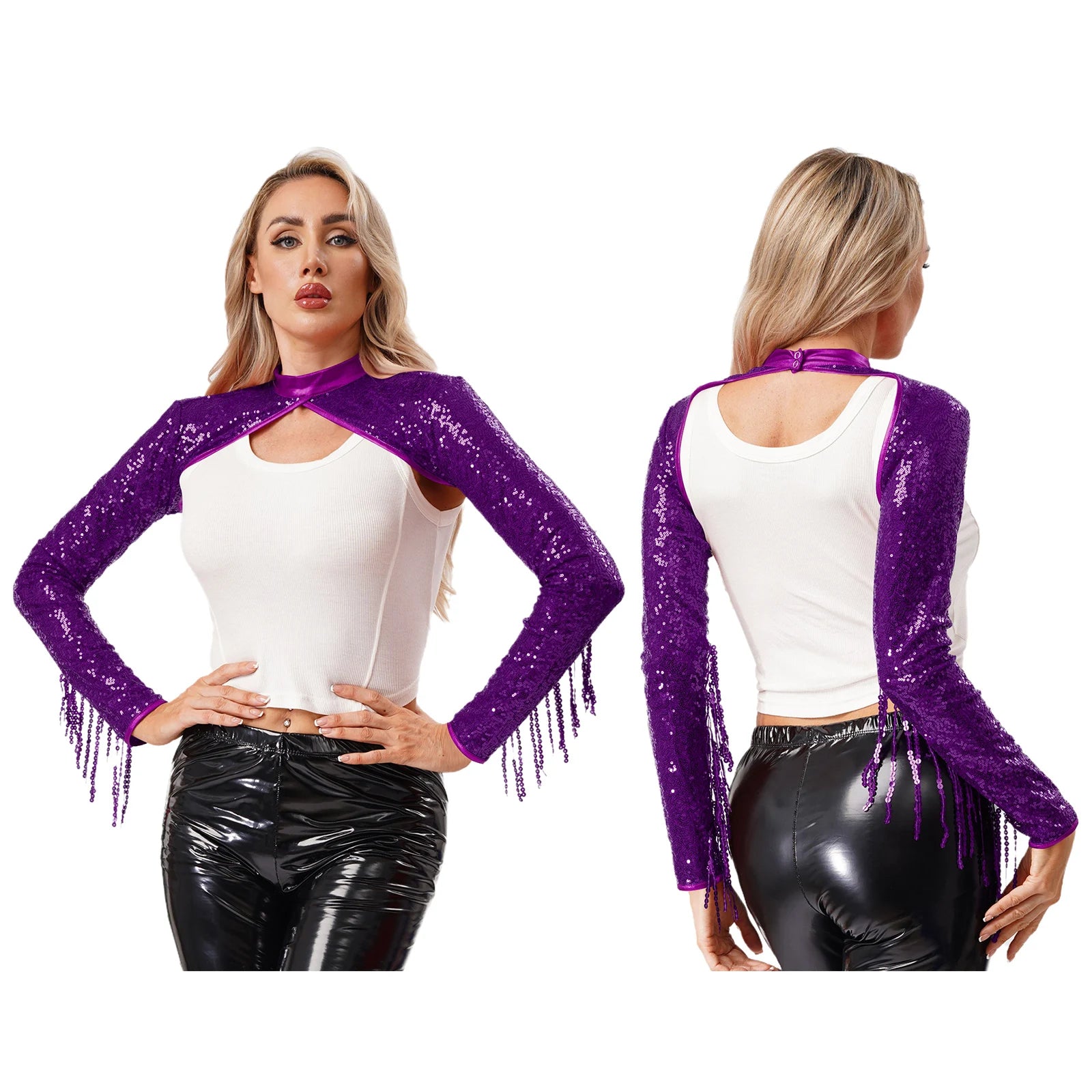 Womens Glitter Sequin Fringe Bolero Long Sleeve with Tassel Allover Sequin Shrugs Shawls Cropped Cardigan for Music Raves Party
