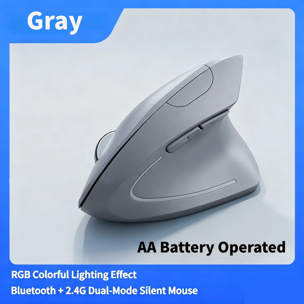 NexusClick Dual Mode Ergonomic Vertical Mouse,Rechargeable/AA Battery Powered,Adjustable DPI Mute Buttons RGB Mouse for Computer