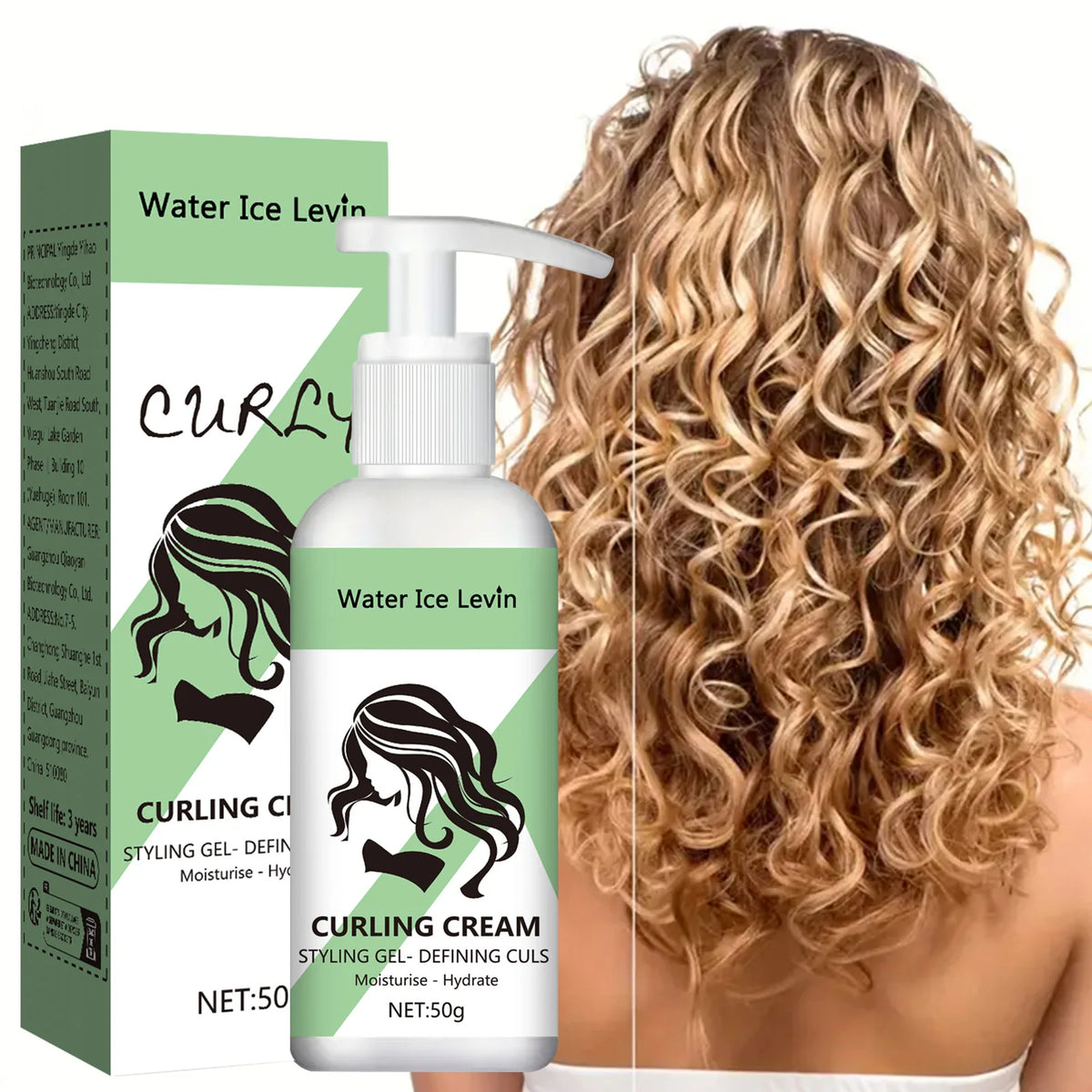 Water Ice Levin Curling Cream Styling Gel Defining Curls Moisturising Hydrate Soft Flexible Feel Curly Hair Care 50g