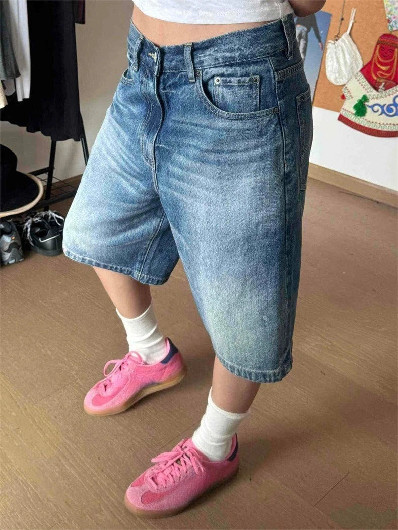 Women Denim Shorts Classic Denim Shorts Women's High Waisted  Jean Shorts Wide Leg Baggy Denim Jorts with Pockets Knee