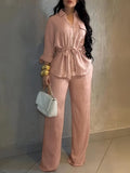 Women's Two Piece Set Lapel Long Sleeve Drawstring Waist Shirt High Waist Loose Wide Leg Trousers Casual Daily Matching Outfit